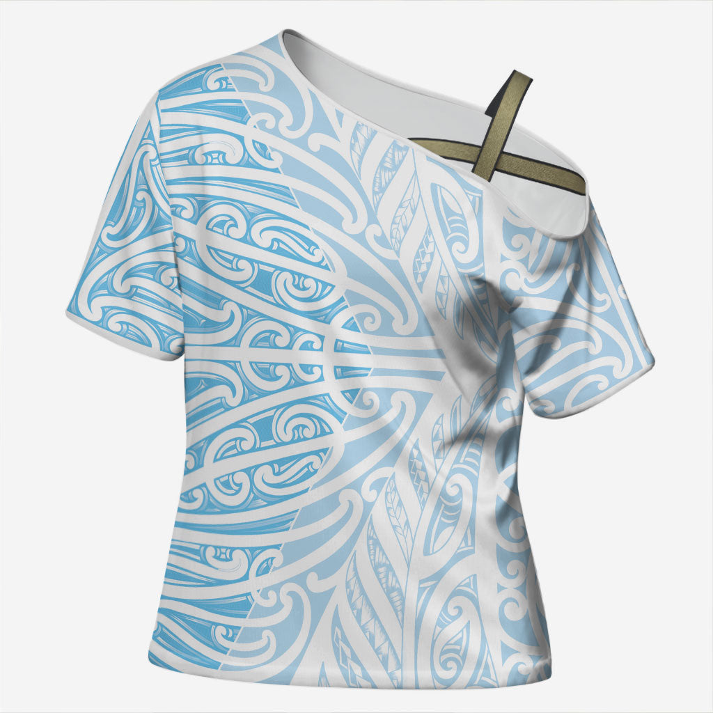 Blue New Zealand Puhoro Maori Tattoo Cross Shoulder Shirt