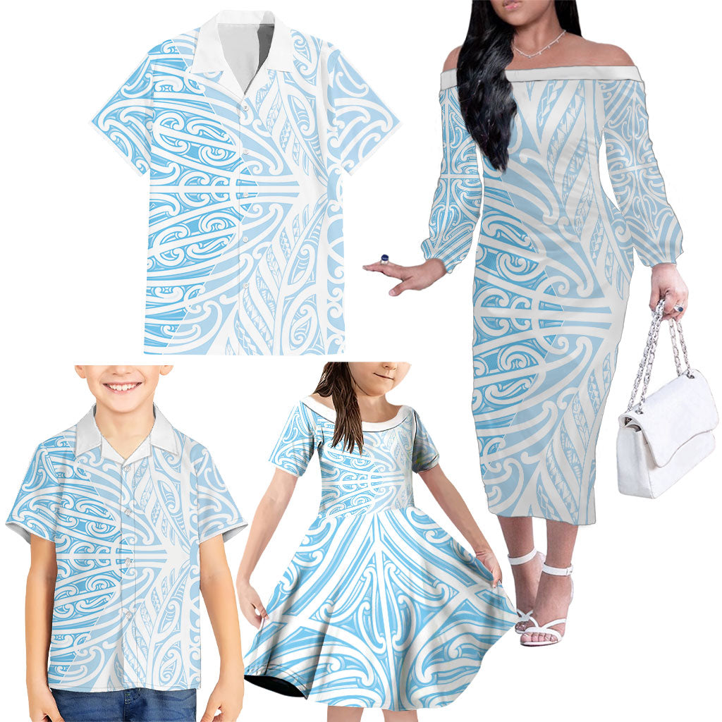 Blue New Zealand Puhoro Maori Tattoo Family Matching Off The Shoulder Long Sleeve Dress and Hawaiian Shirt LT14 - Polynesian Pride
