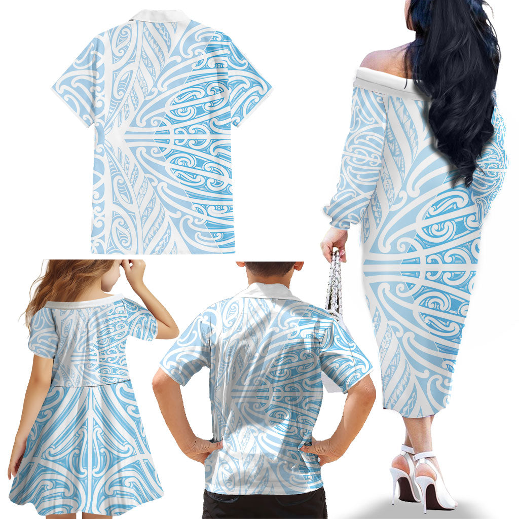 Blue New Zealand Puhoro Maori Tattoo Family Matching Off The Shoulder Long Sleeve Dress and Hawaiian Shirt