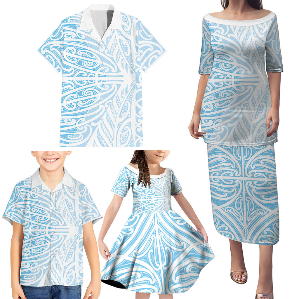 Blue New Zealand Puhoro Maori Tattoo Family Matching Puletasi and Hawaiian Shirt LT14 - Polynesian Pride