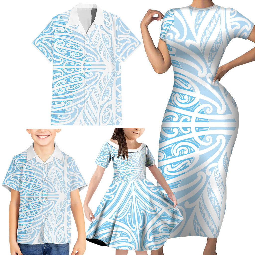 Blue New Zealand Puhoro Maori Tattoo Family Matching Short Sleeve Bodycon Dress and Hawaiian Shirt