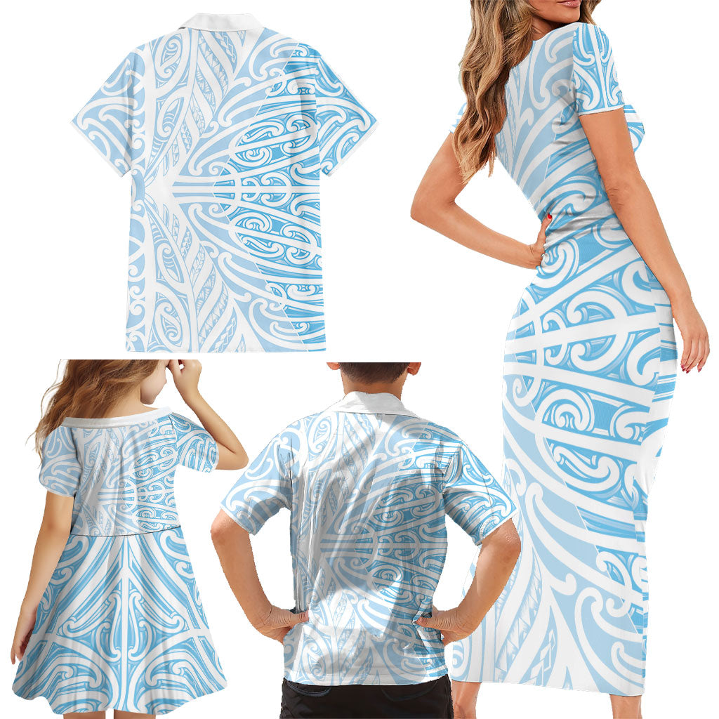 Blue New Zealand Puhoro Maori Tattoo Family Matching Short Sleeve Bodycon Dress and Hawaiian Shirt