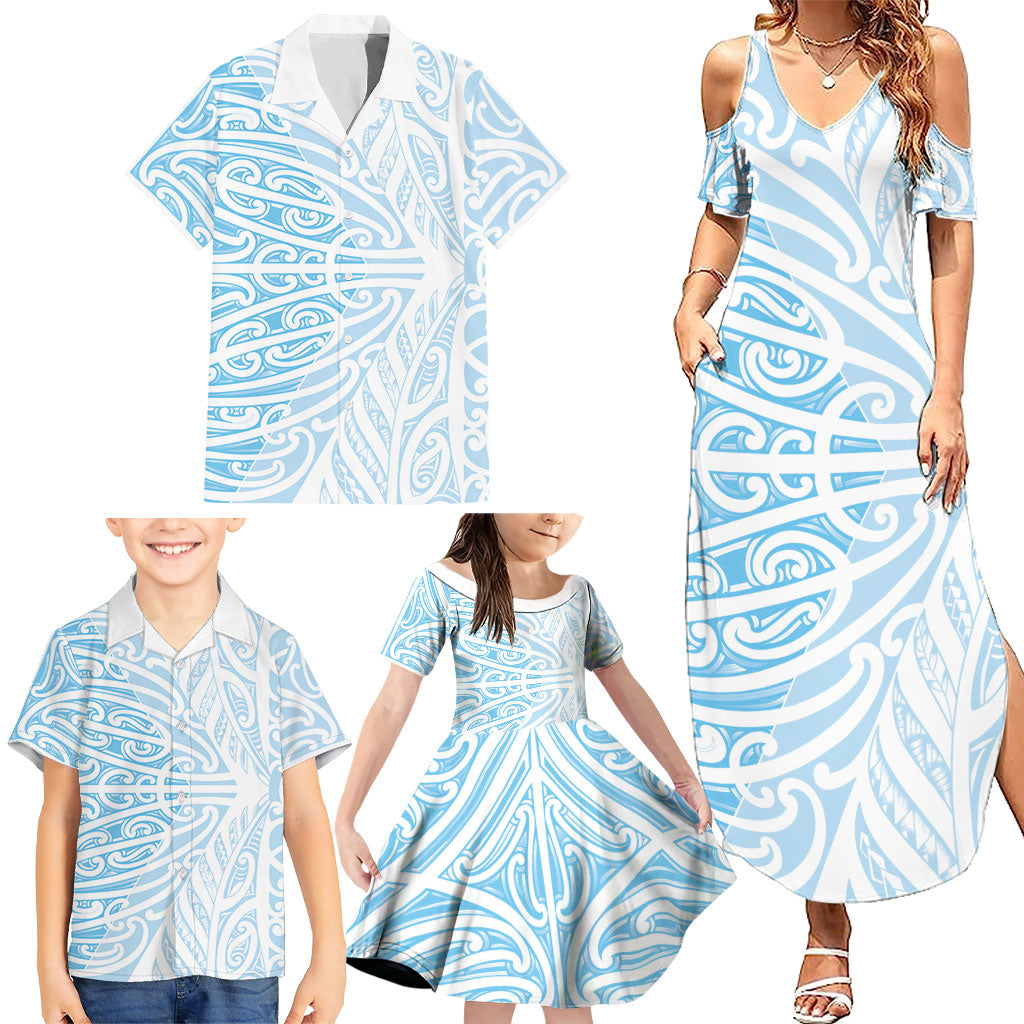 Blue New Zealand Puhoro Maori Tattoo Family Matching Summer Maxi Dress and Hawaiian Shirt