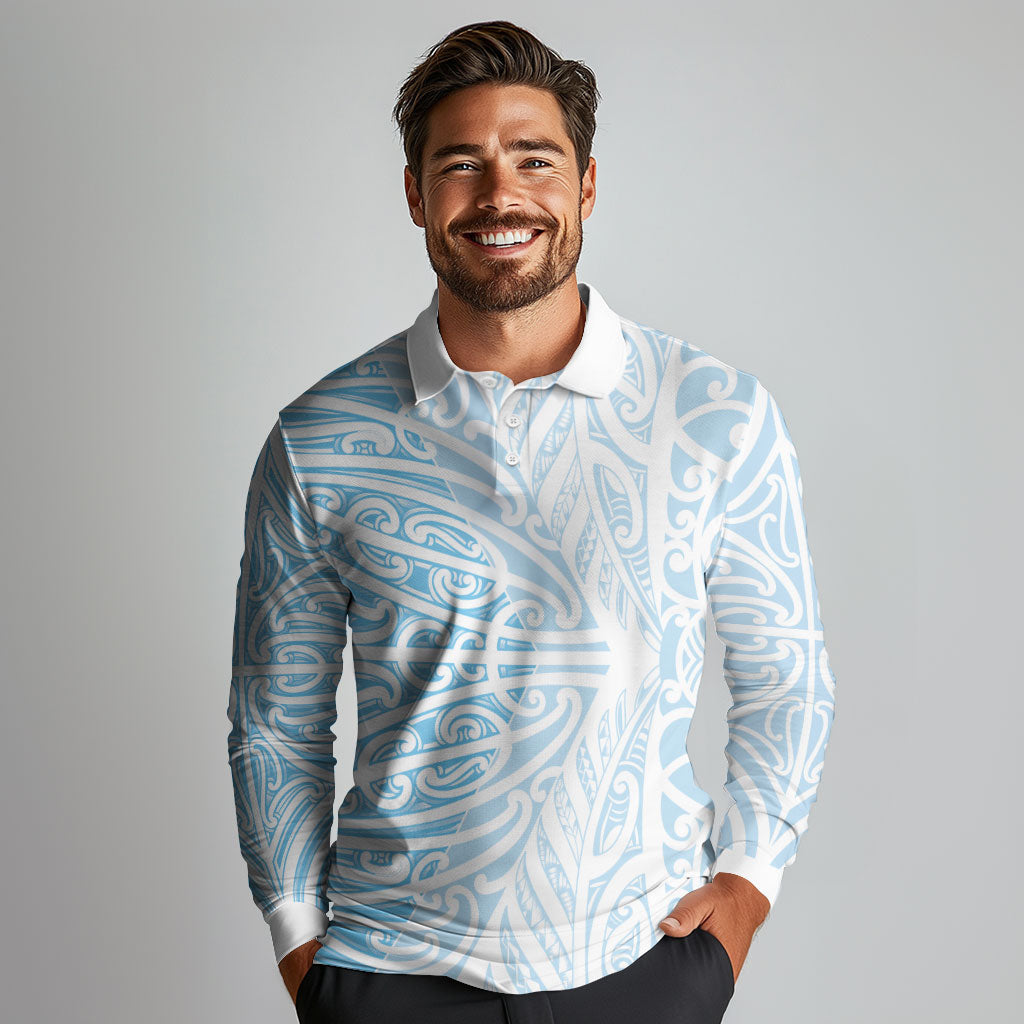 Blue New Zealand Puhoro Maori Tattoo Long Sleeve Polo Shirt