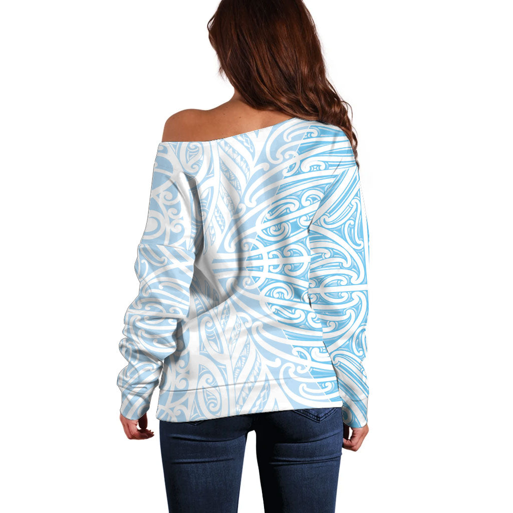 Blue New Zealand Puhoro Maori Tattoo Off Shoulder Sweater