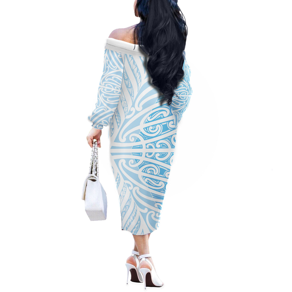 Blue New Zealand Puhoro Maori Tattoo Off The Shoulder Long Sleeve Dress
