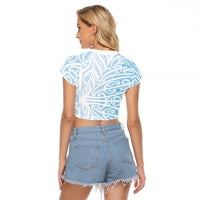 Blue New Zealand Puhoro Maori Tattoo Raglan Cropped T Shirt