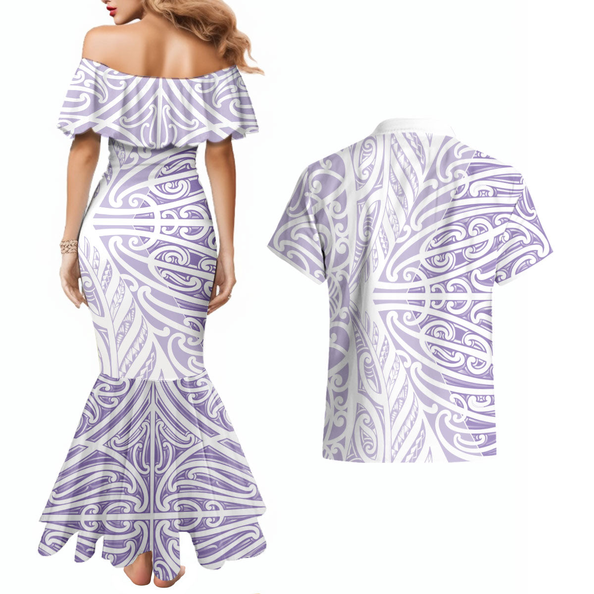 Purple New Zealand Puhoro Maori Tattoo Couples Matching Mermaid Dress and Hawaiian Shirt