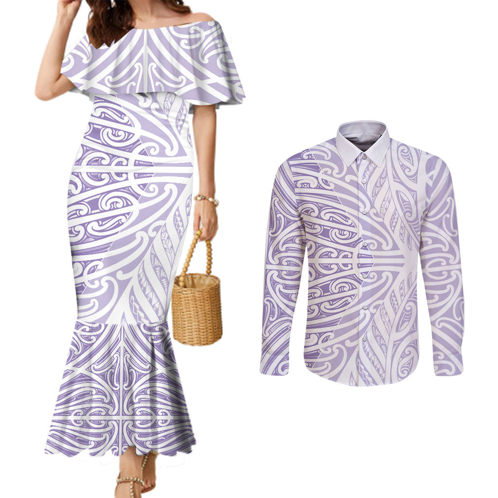 Purple New Zealand Puhoro Maori Tattoo Couples Matching Mermaid Dress and Long Sleeve Button Shirt