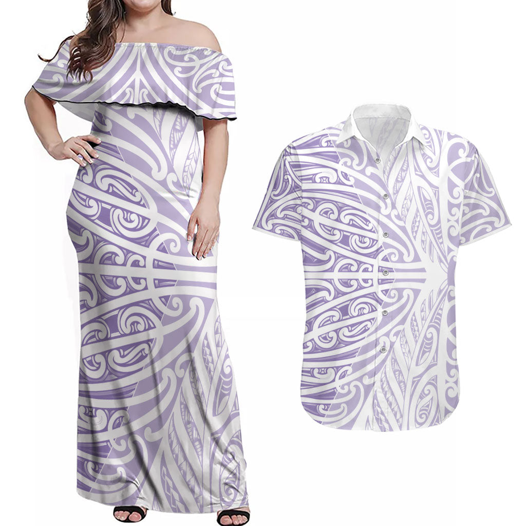 Purple New Zealand Puhoro Maori Tattoo Couples Matching Off Shoulder Maxi Dress and Hawaiian Shirt