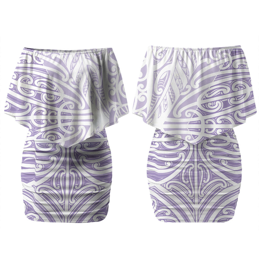 Purple New Zealand Puhoro Maori Tattoo Couples Matching Off Shoulder Short Dress and Long Sleeve Button Shirt LT14 - Polynesian Pride