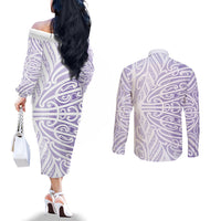 Purple New Zealand Puhoro Maori Tattoo Couples Matching Off The Shoulder Long Sleeve Dress and Long Sleeve Button Shirt