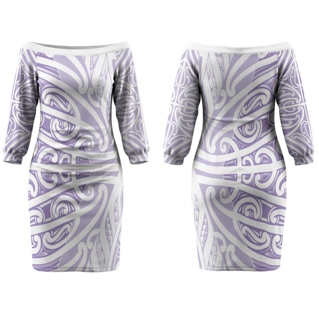 Purple New Zealand Puhoro Maori Tattoo Couples Matching Off The Shoulder Long Sleeve Dress and Long Sleeve Button Shirt LT14 - Polynesian Pride