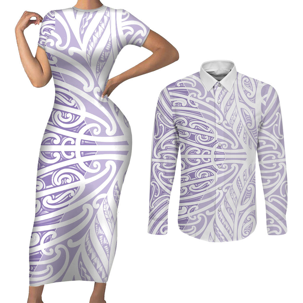 Purple New Zealand Puhoro Maori Tattoo Couples Matching Short Sleeve Bodycon Dress and Long Sleeve Button Shirt LT14 Purple - Polynesian Pride