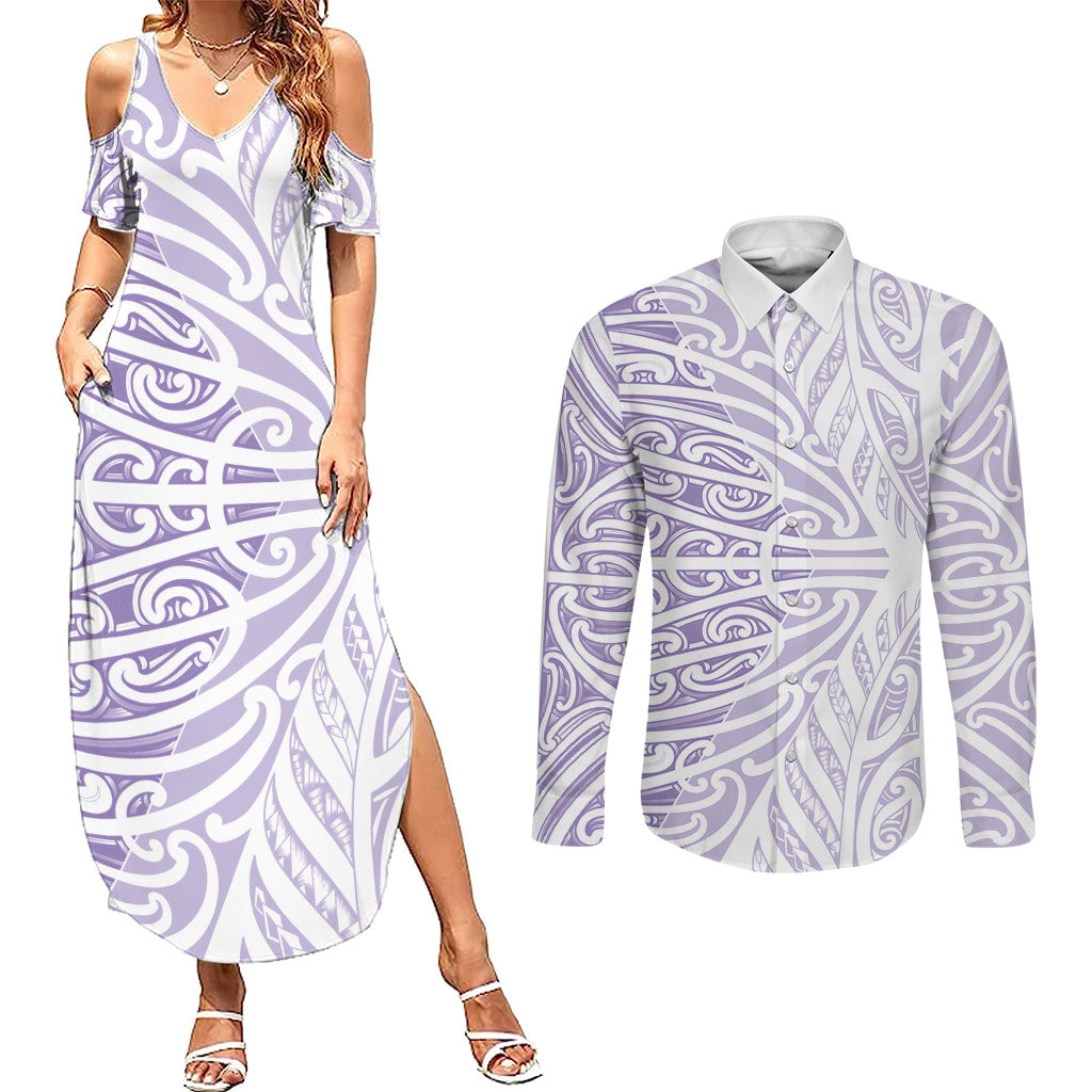 Purple New Zealand Puhoro Maori Tattoo Couples Matching Summer Maxi Dress and Long Sleeve Button Shirt