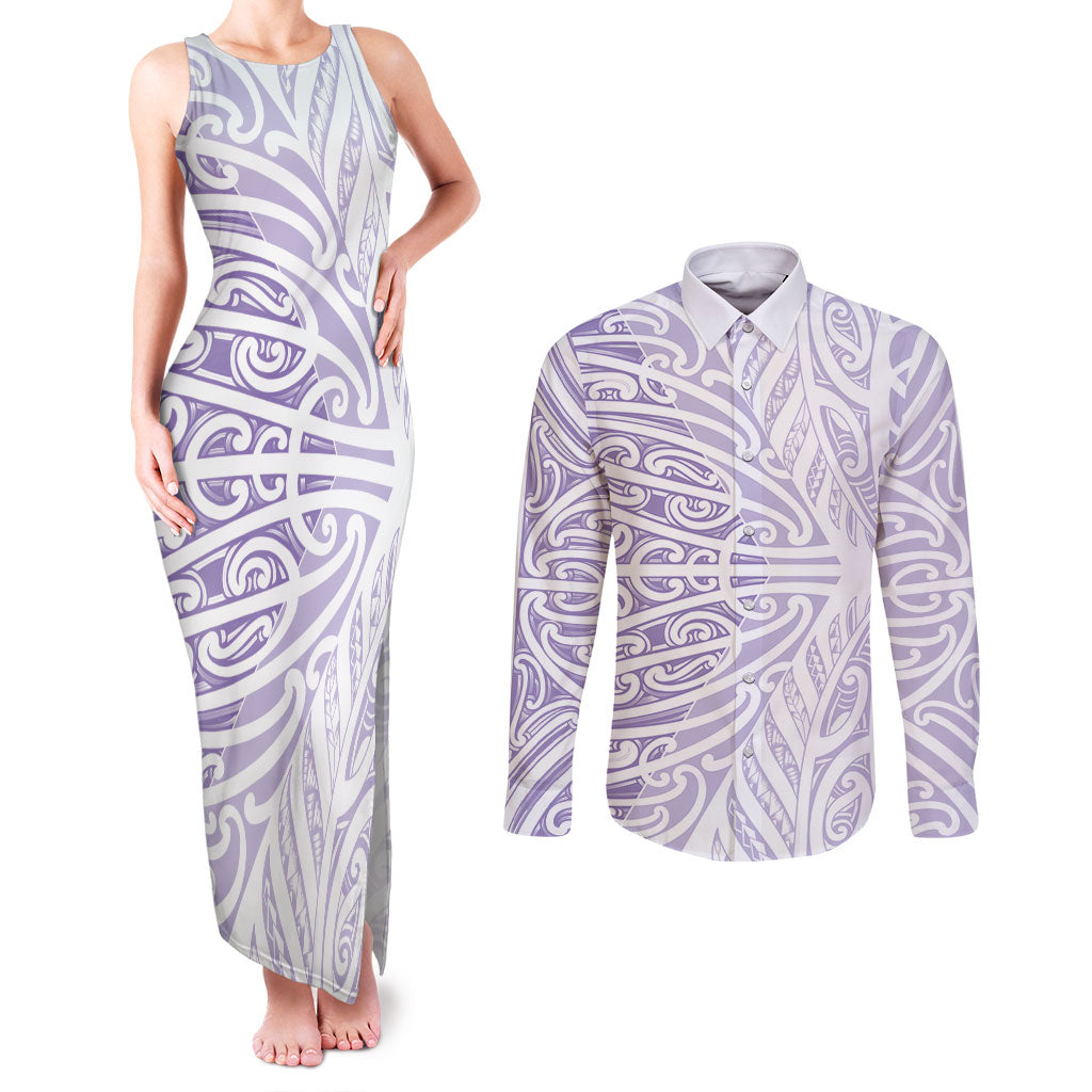 Purple New Zealand Puhoro Maori Tattoo Couples Matching Tank Maxi Dress and Long Sleeve Button Shirt