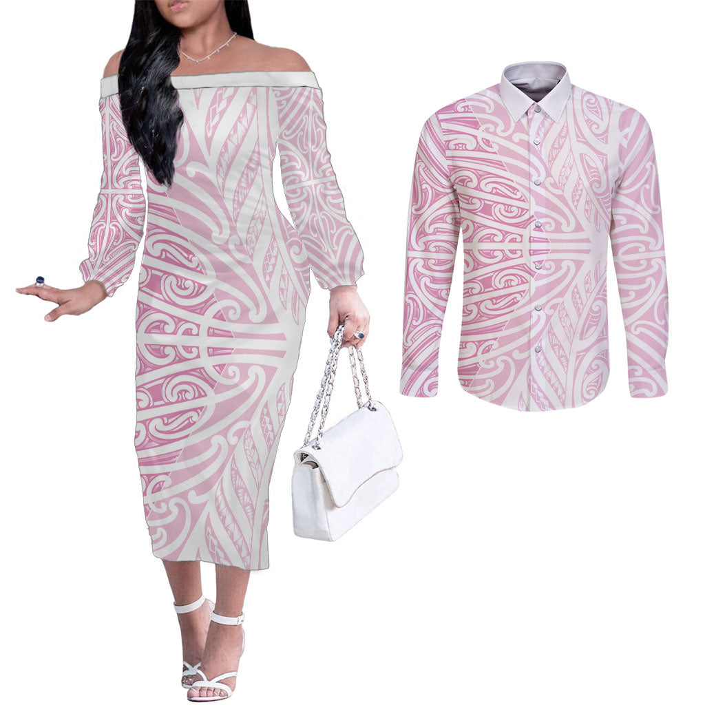 Pink New Zealand Puhoro Maori Tattoo Couples Matching Off The Shoulder Long Sleeve Dress and Long Sleeve Button Shirt