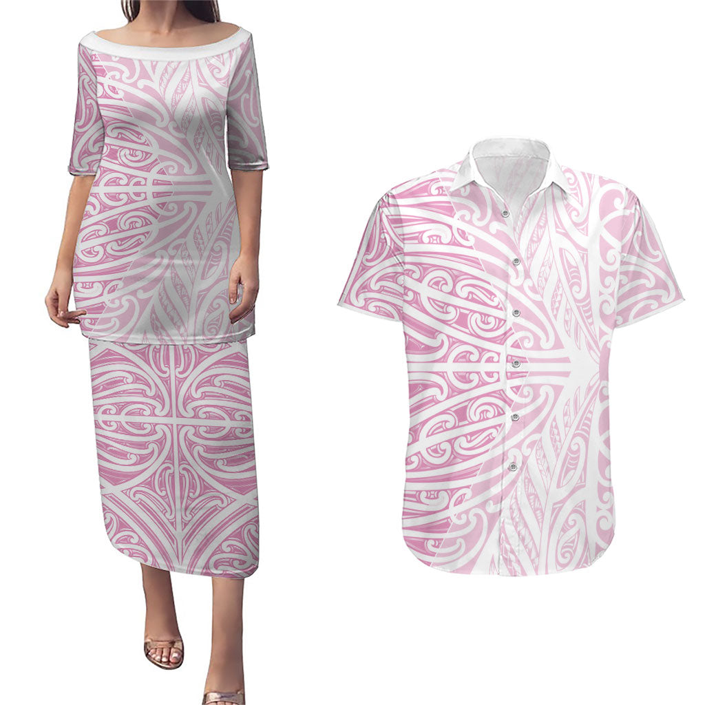 Pink New Zealand Puhoro Maori Tattoo Couples Matching Puletasi and Hawaiian Shirt LT14 Pink - Polynesian Pride