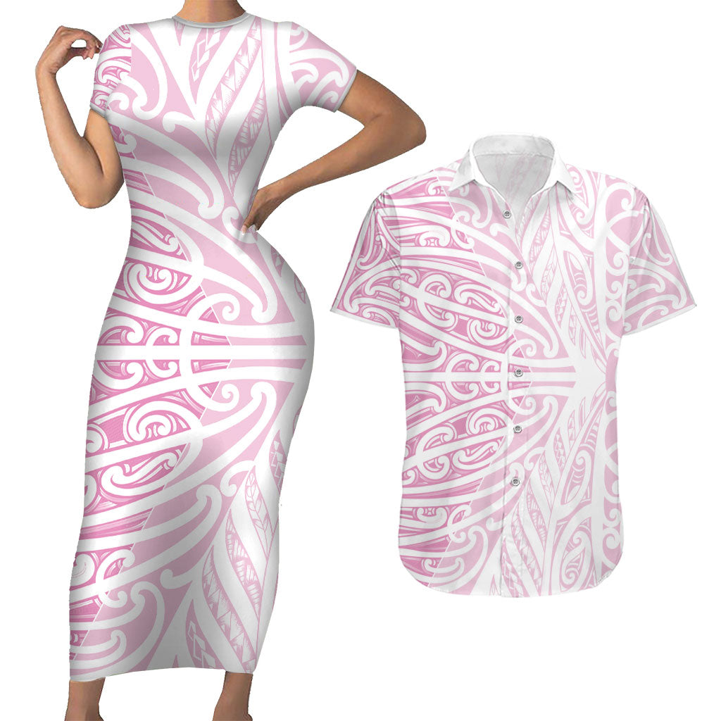 Pink New Zealand Puhoro Maori Tattoo Couples Matching Short Sleeve Bodycon Dress and Hawaiian Shirt LT14 Pink - Polynesian Pride