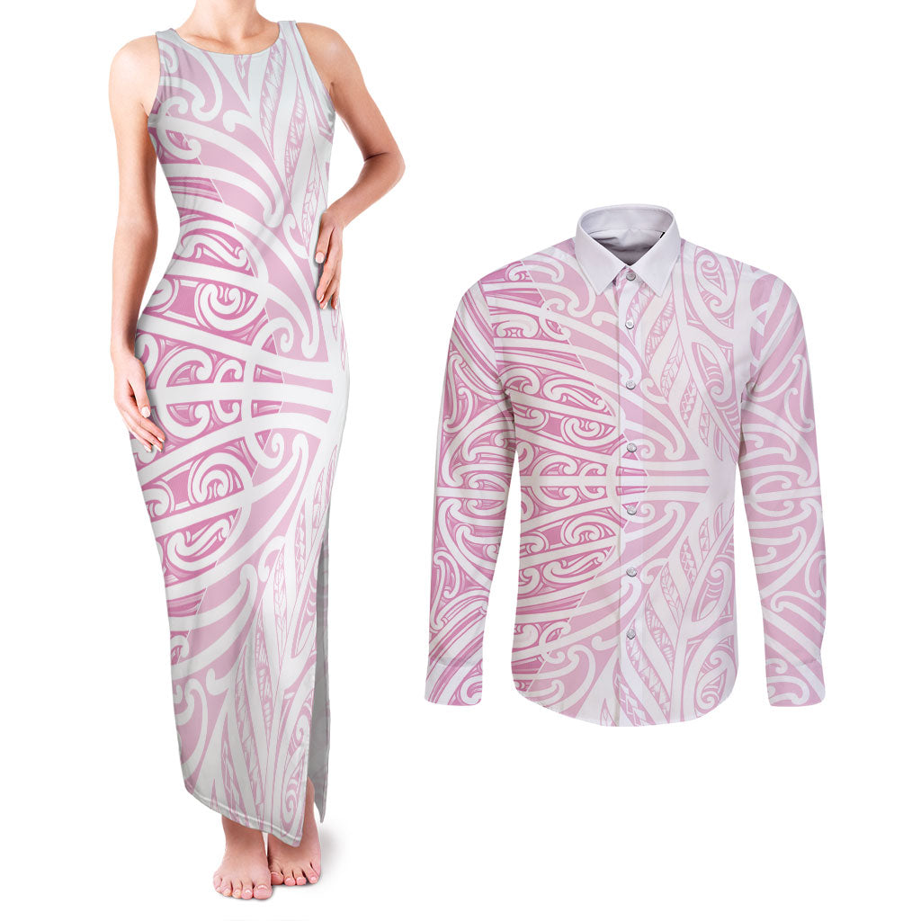 Pink New Zealand Puhoro Maori Tattoo Couples Matching Tank Maxi Dress and Long Sleeve Button Shirt LT14 Pink - Polynesian Pride