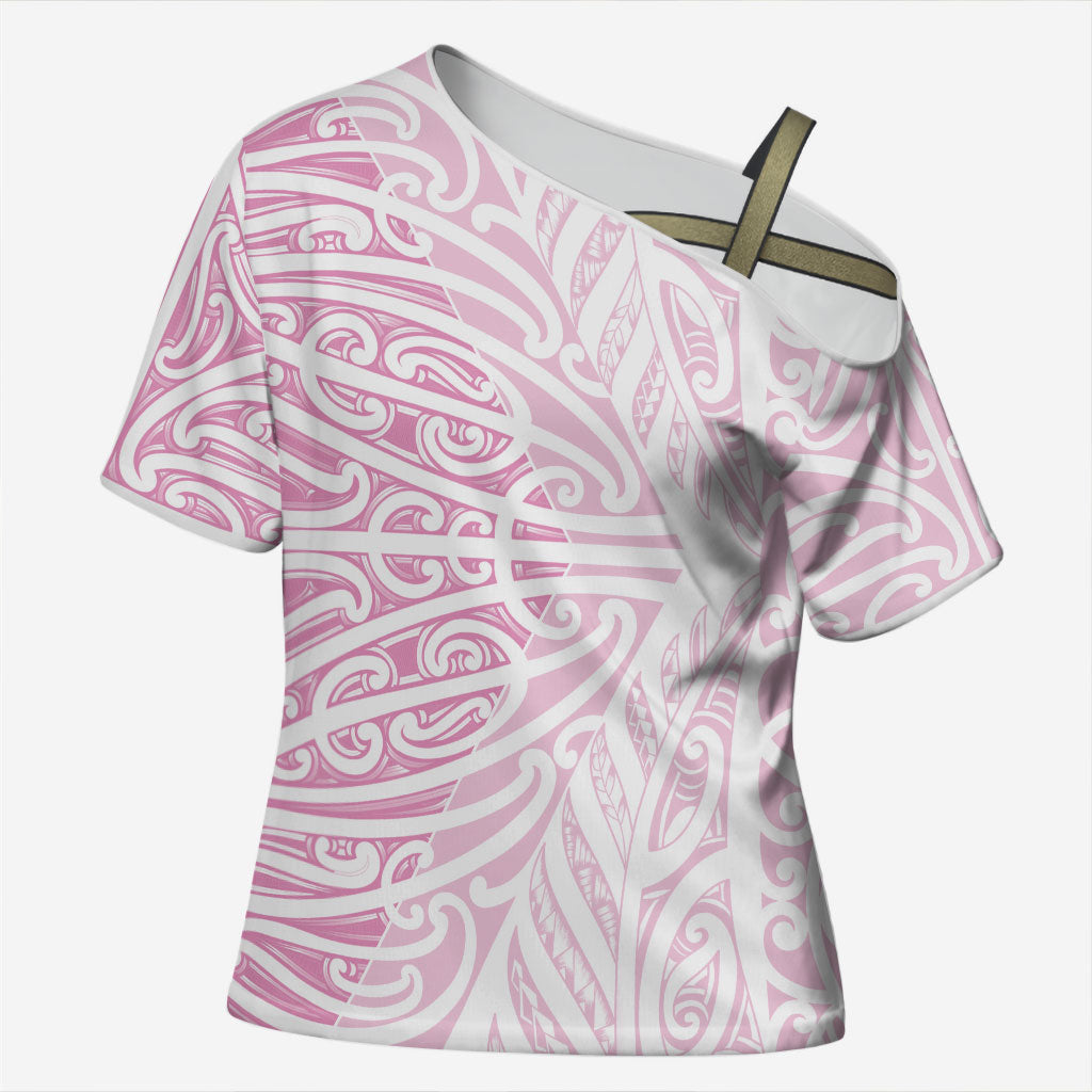 Pink New Zealand Puhoro Maori Tattoo Cross Shoulder Shirt
