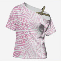Pink New Zealand Puhoro Maori Tattoo Cross Shoulder Shirt