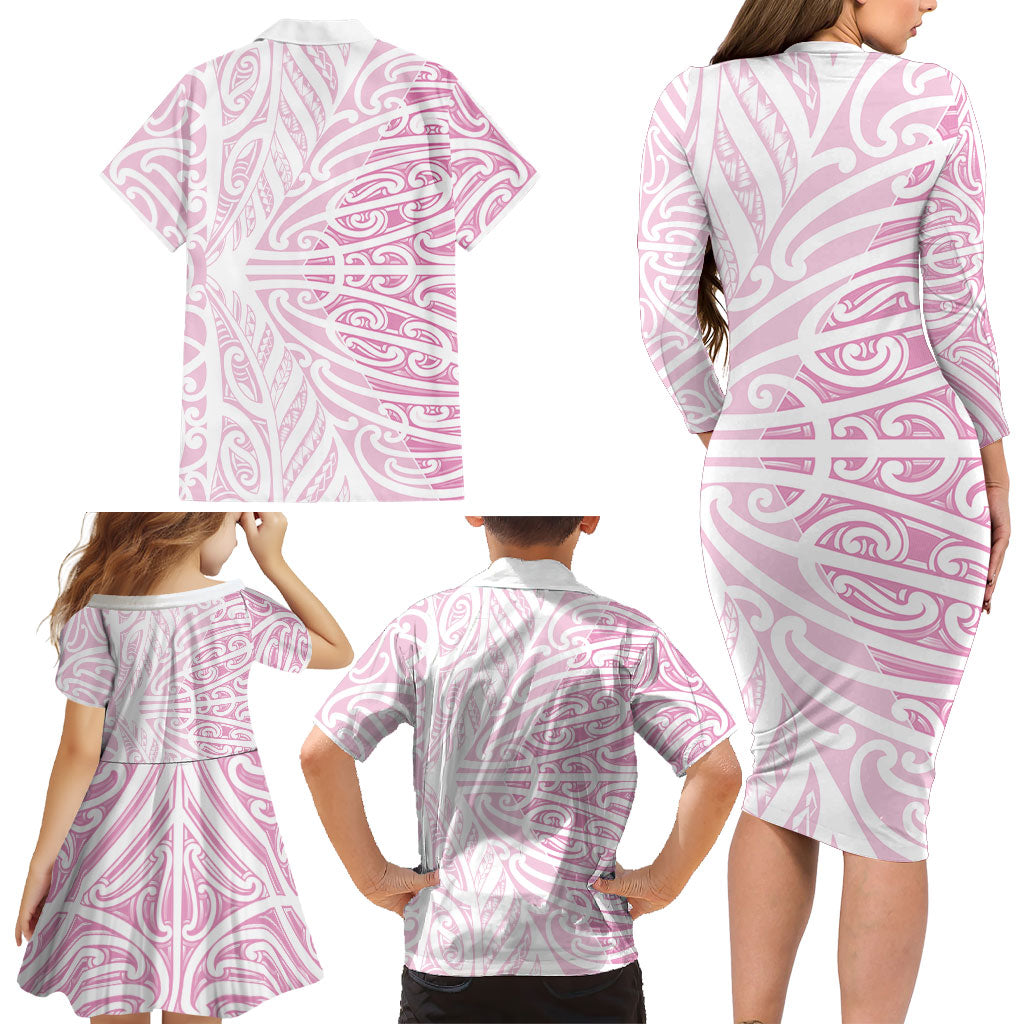 Pink New Zealand Puhoro Maori Tattoo Family Matching Long Sleeve Bodycon Dress and Hawaiian Shirt