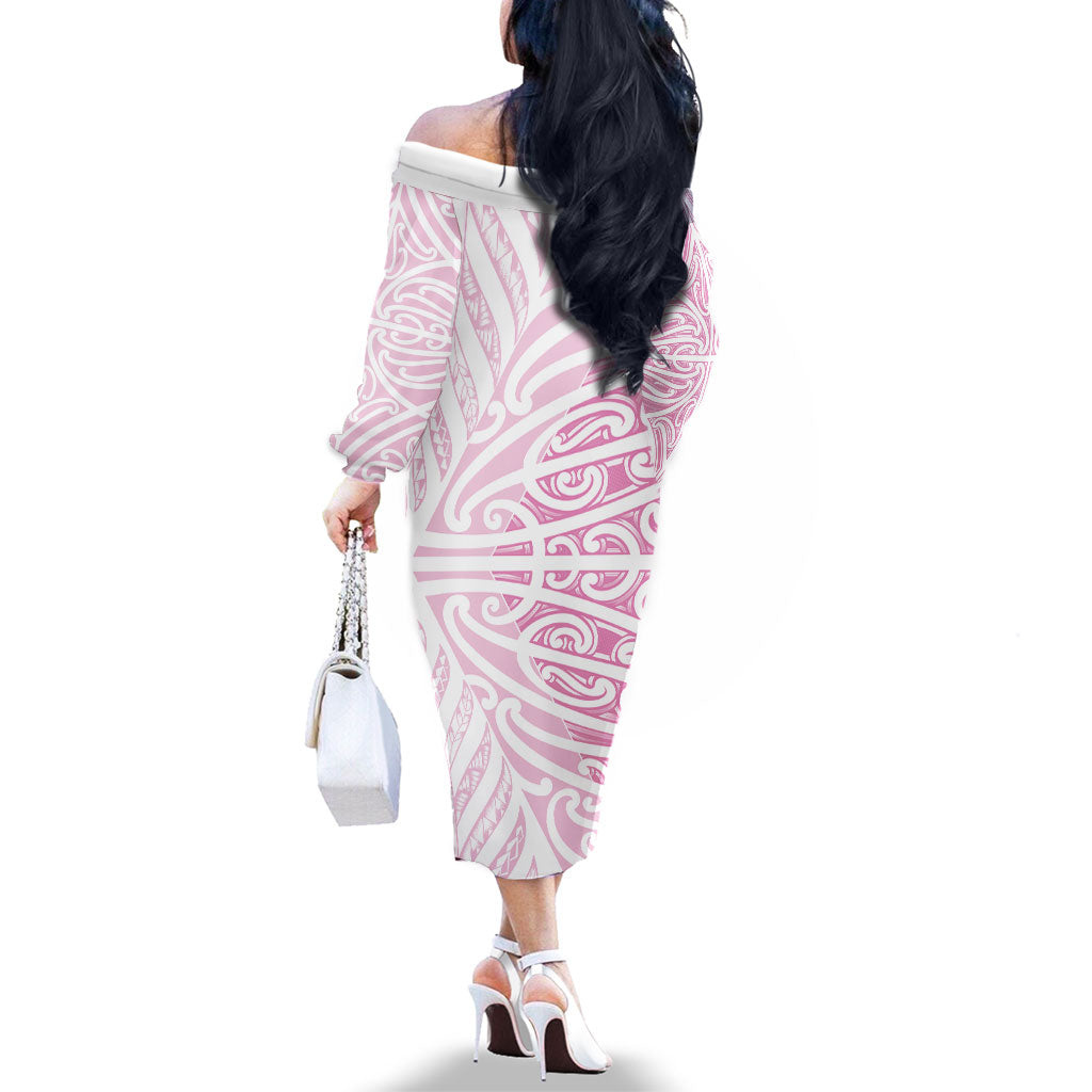 Pink New Zealand Puhoro Maori Tattoo Family Matching Off The Shoulder Long Sleeve Dress and Hawaiian Shirt