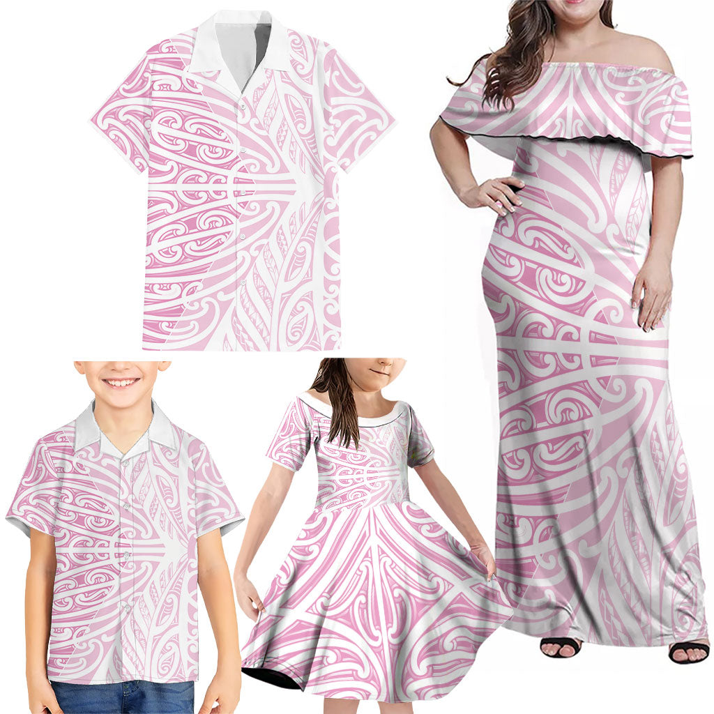 Pink New Zealand Puhoro Maori Tattoo Family Matching Off Shoulder Maxi Dress and Hawaiian Shirt