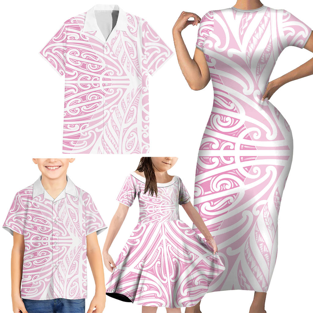 Pink New Zealand Puhoro Maori Tattoo Family Matching Short Sleeve Bodycon Dress and Hawaiian Shirt