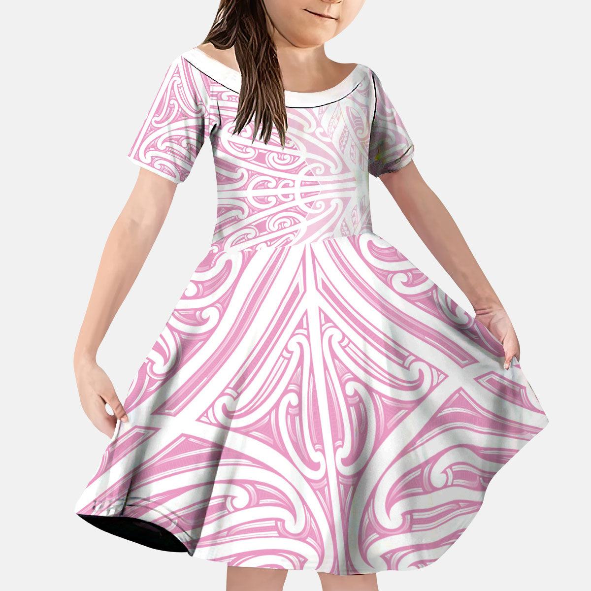 Pink New Zealand Puhoro Maori Tattoo Kid Short Sleeve Dress