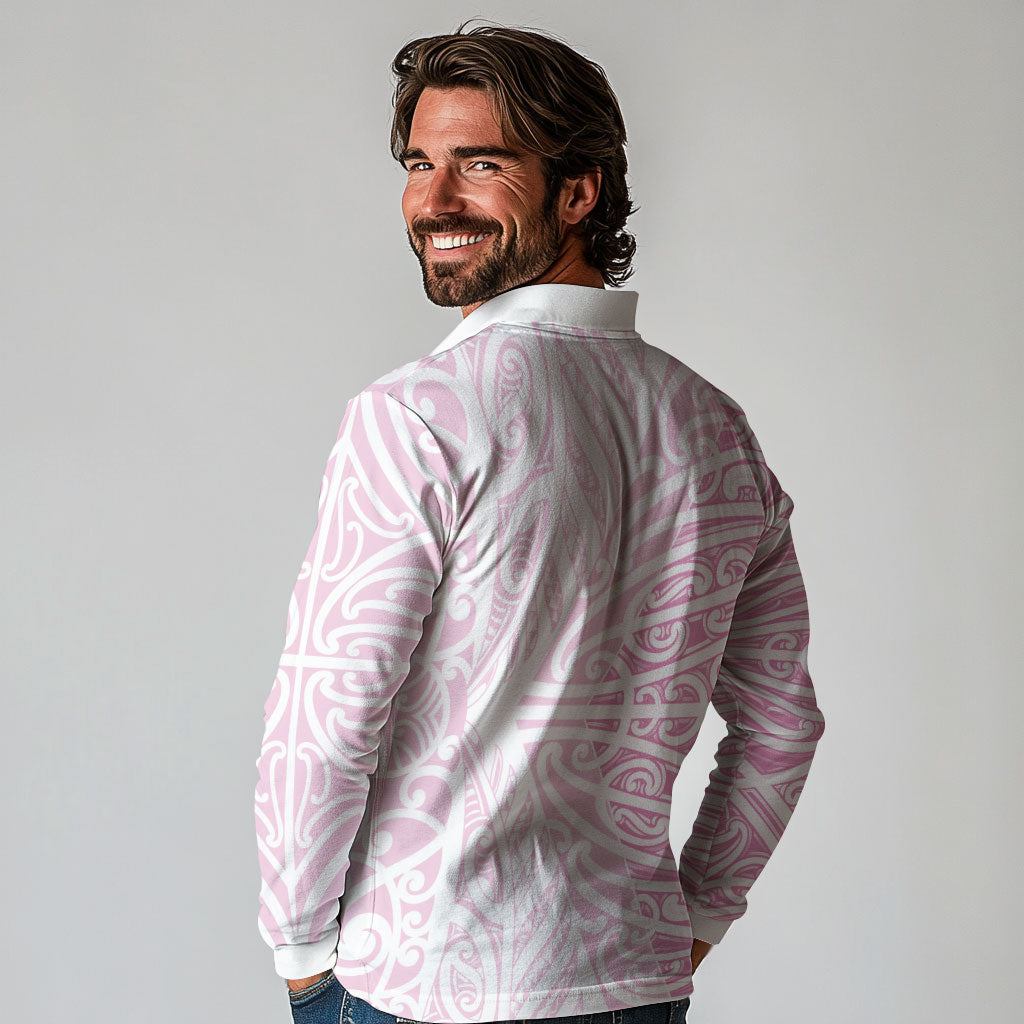 Pink New Zealand Puhoro Maori Tattoo Long Sleeve Polo Shirt