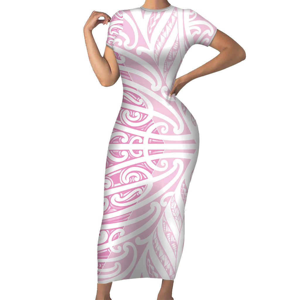 Pink New Zealand Puhoro Maori Tattoo Short Sleeve Bodycon Dress LT14 Long Dress Pink - Polynesian Pride