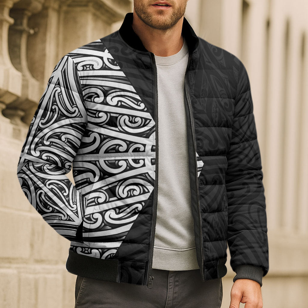 Black New Zealand Puhoro Maori Tattoo Bomber Puffer Jacket