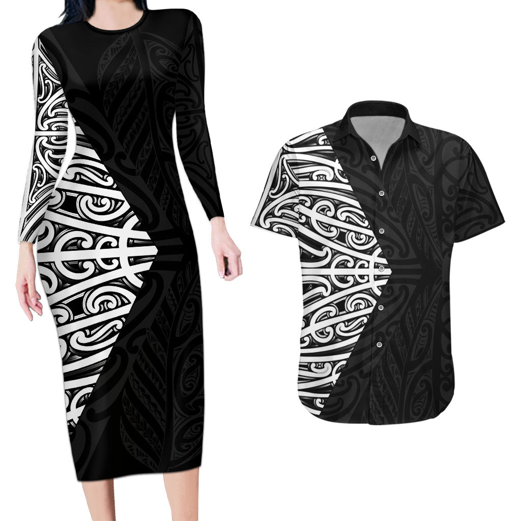 Black New Zealand Puhoro Maori Tattoo Couples Matching Long Sleeve Bodycon Dress and Hawaiian Shirt LT14 Black - Polynesian Pride
