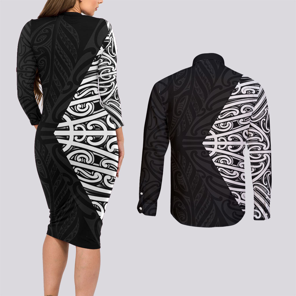 Black New Zealand Puhoro Maori Tattoo Couples Matching Long Sleeve Bodycon Dress and Long Sleeve Button Shirt