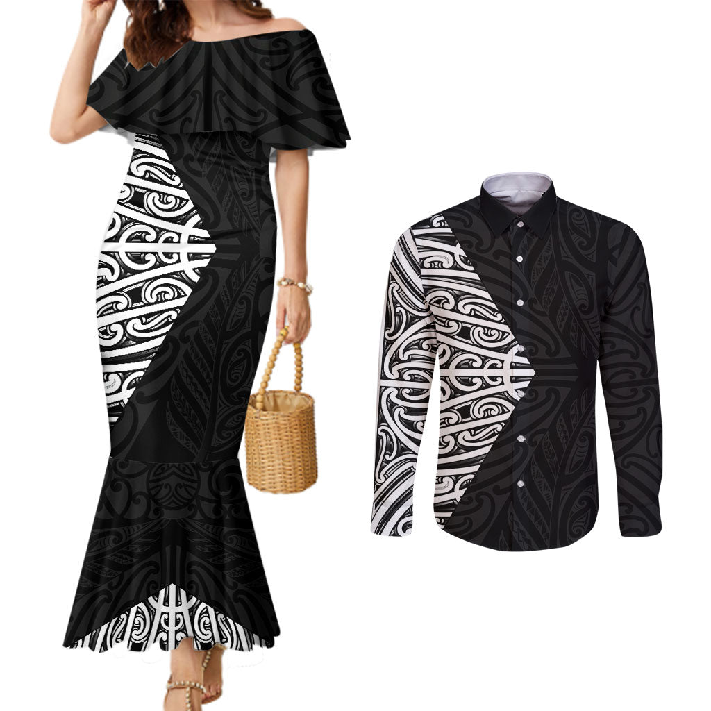 Black New Zealand Puhoro Maori Tattoo Couples Matching Mermaid Dress and Long Sleeve Button Shirt LT14 Black - Polynesian Pride