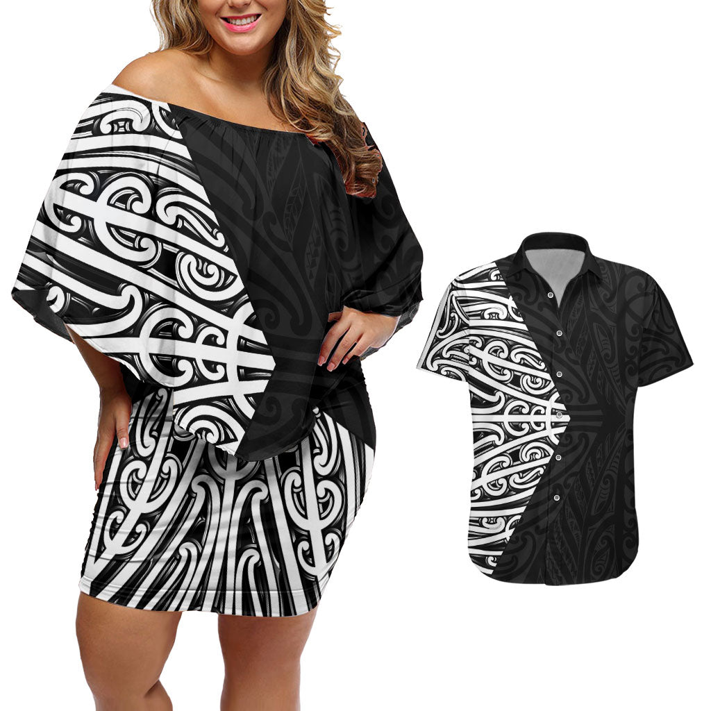Black New Zealand Puhoro Maori Tattoo Couples Matching Off Shoulder Short Dress and Hawaiian Shirt LT14 Black - Polynesian Pride