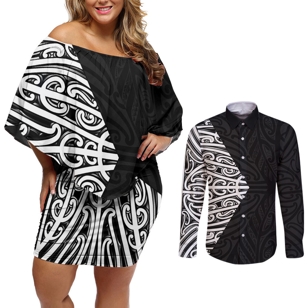 Black New Zealand Puhoro Maori Tattoo Couples Matching Off Shoulder Short Dress and Long Sleeve Button Shirt LT14 Black - Polynesian Pride