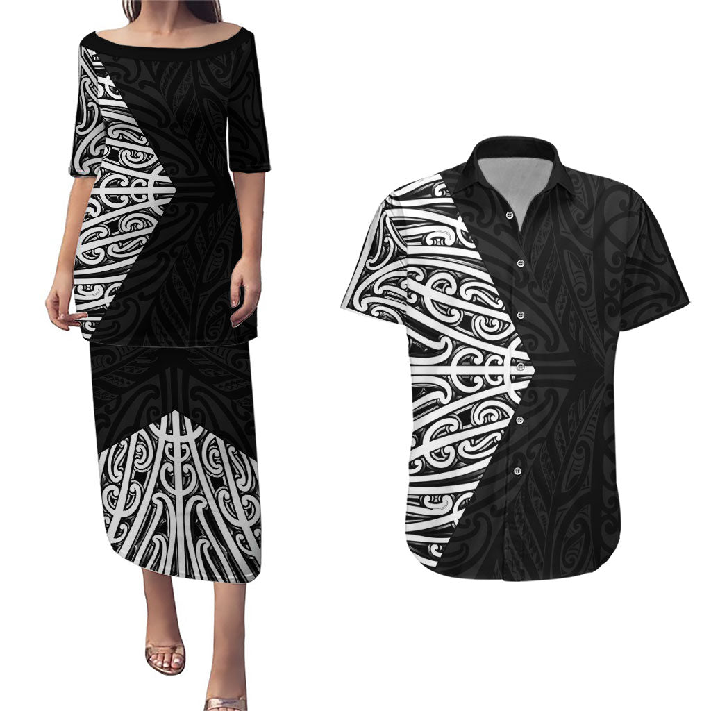 Black New Zealand Puhoro Maori Tattoo Couples Matching Puletasi and Hawaiian Shirt LT14 Black - Polynesian Pride