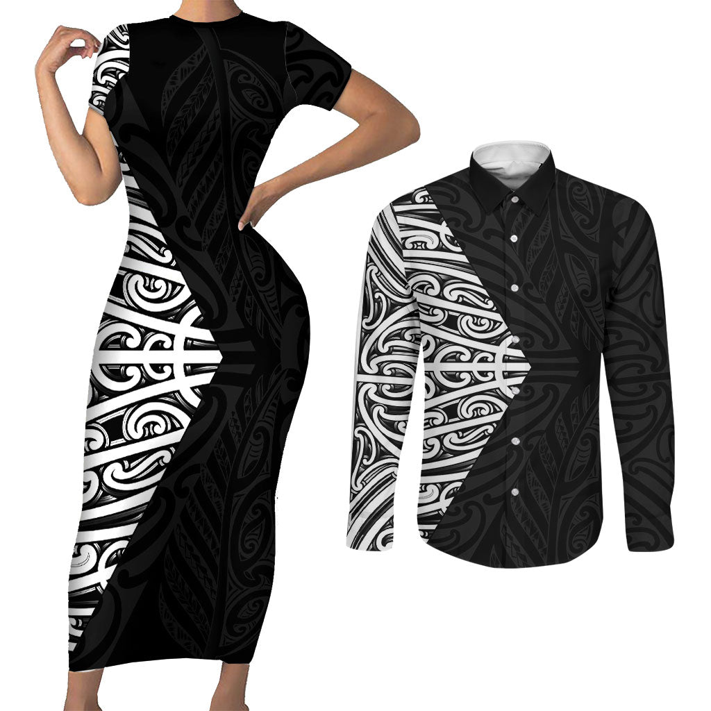 Black New Zealand Puhoro Maori Tattoo Couples Matching Short Sleeve Bodycon Dress and Long Sleeve Button Shirt LT14 Black - Polynesian Pride