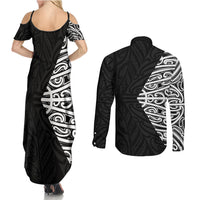 Black New Zealand Puhoro Maori Tattoo Couples Matching Summer Maxi Dress and Long Sleeve Button Shirt
