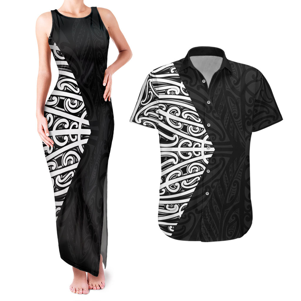 Black New Zealand Puhoro Maori Tattoo Couples Matching Tank Maxi Dress and Hawaiian Shirt LT14 Black - Polynesian Pride