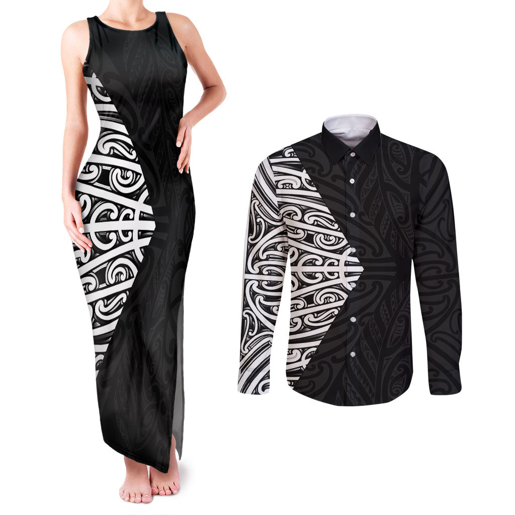 Black New Zealand Puhoro Maori Tattoo Couples Matching Tank Maxi Dress and Long Sleeve Button Shirt LT14 Black - Polynesian Pride