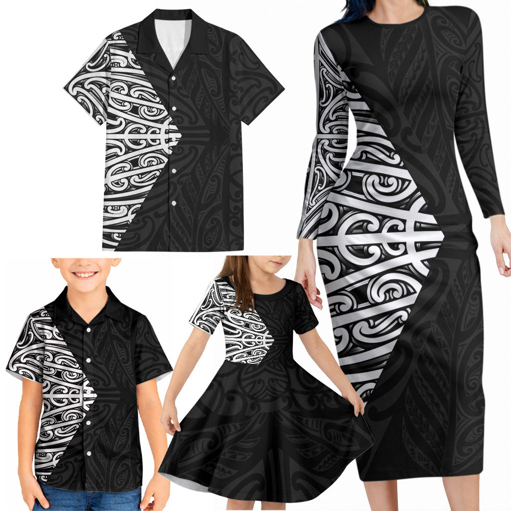 Black New Zealand Puhoro Maori Tattoo Family Matching Long Sleeve Bodycon Dress and Hawaiian Shirt LT14 - Polynesian Pride