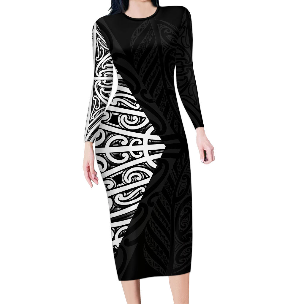Black New Zealand Puhoro Maori Tattoo Family Matching Long Sleeve Bodycon Dress and Hawaiian Shirt