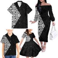Black New Zealand Puhoro Maori Tattoo Family Matching Off The Shoulder Long Sleeve Dress and Hawaiian Shirt