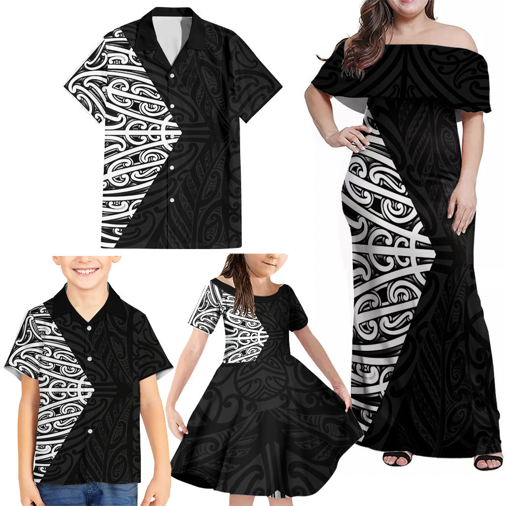 Black New Zealand Puhoro Maori Tattoo Family Matching Off Shoulder Maxi Dress and Hawaiian Shirt LT14 - Polynesian Pride