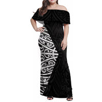 Black New Zealand Puhoro Maori Tattoo Family Matching Off Shoulder Maxi Dress and Hawaiian Shirt
