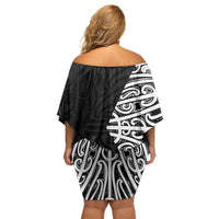 Black New Zealand Puhoro Maori Tattoo Family Matching Off Shoulder Short Dress and Hawaiian Shirt